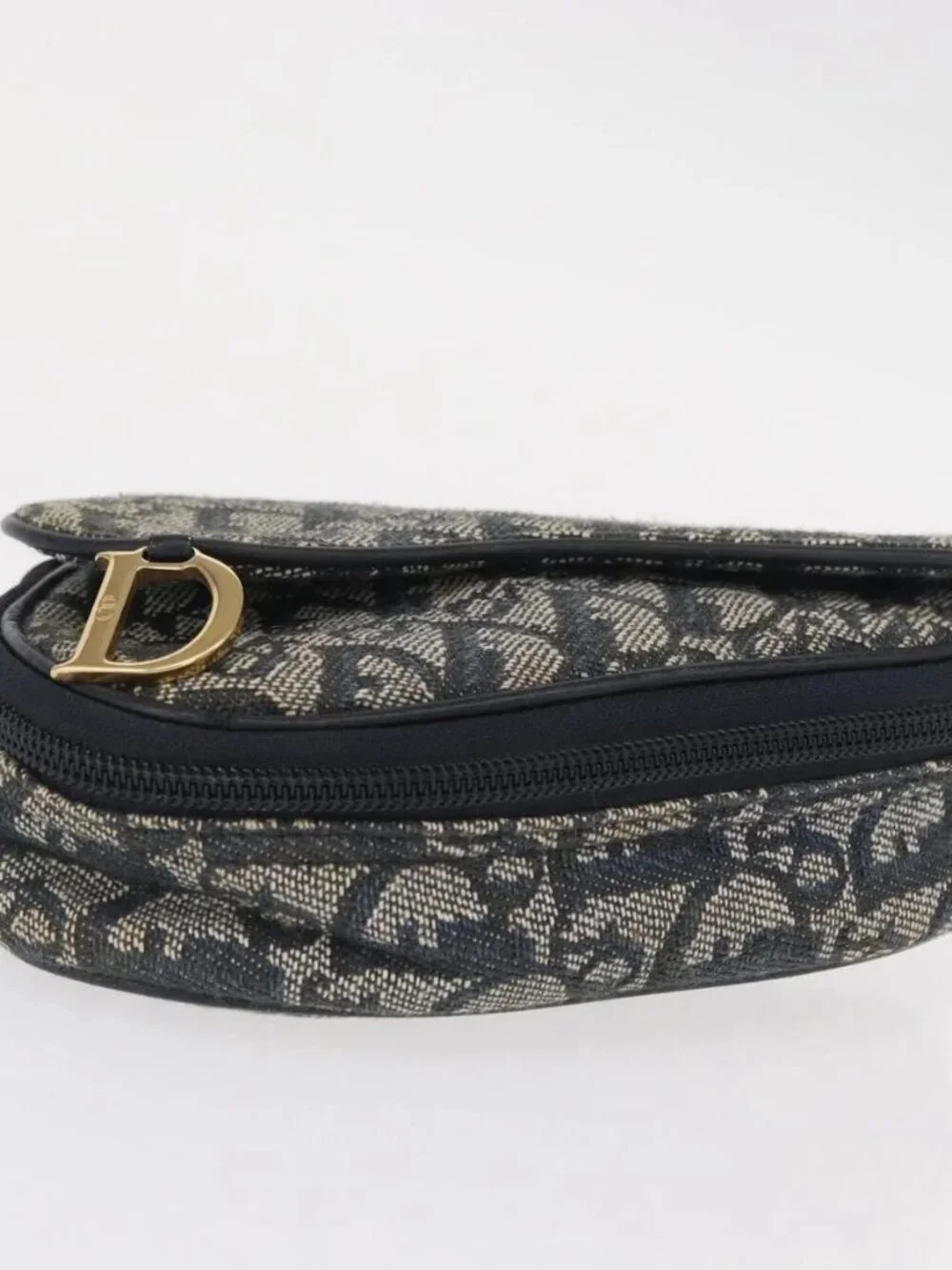 Christian Dior Trotter Canvas Saddle Pouch Navy Gold Auth 157216 - Picture 7 of 16